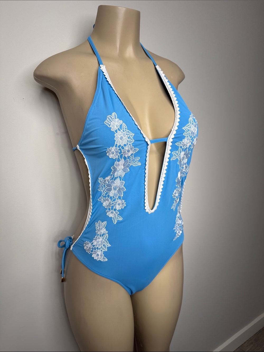 Blue Floral Plunge Halter One-Piece Swimsuit - Picture 2 of 5